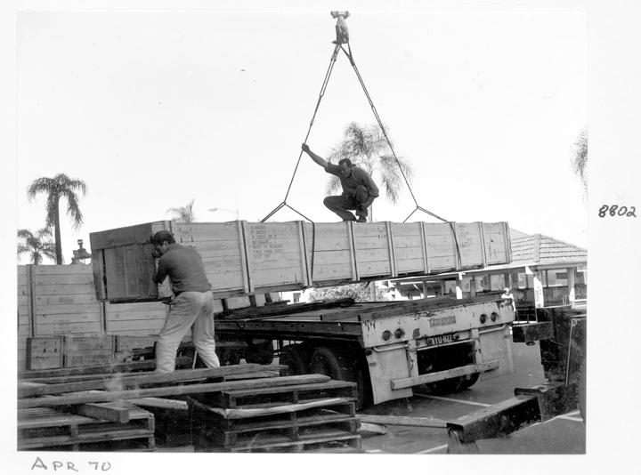 Camera main beam being unloaded, William Street, Brisbane, April 1970, Brisbane City