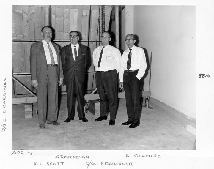 K L Scott, G Reveleigh, D/SG E Gardiner, K Gilmore in the Camera Room, Executive Building, Brisbane, April 1970, Brisbane City