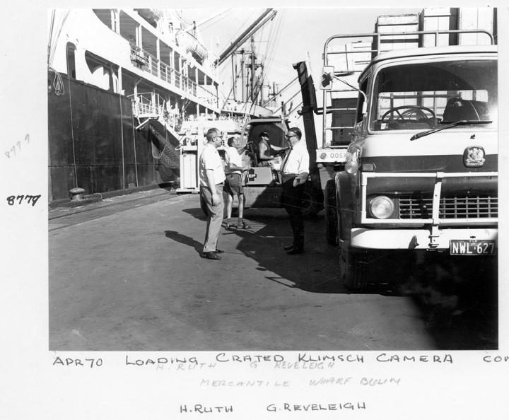 Loading crated Klimsch camera components, Mercantile Wharf, Bulimba, Brisbane, April 1970
