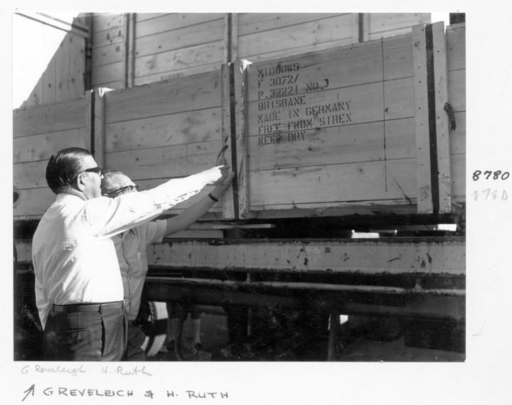 Loading crated Klimsch camera components, Mercantile Wharf, Bulimba, Brisbane, April 1970