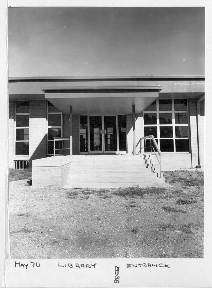 Library entrance, Coorparoo State High School, Brisbane, May 1970