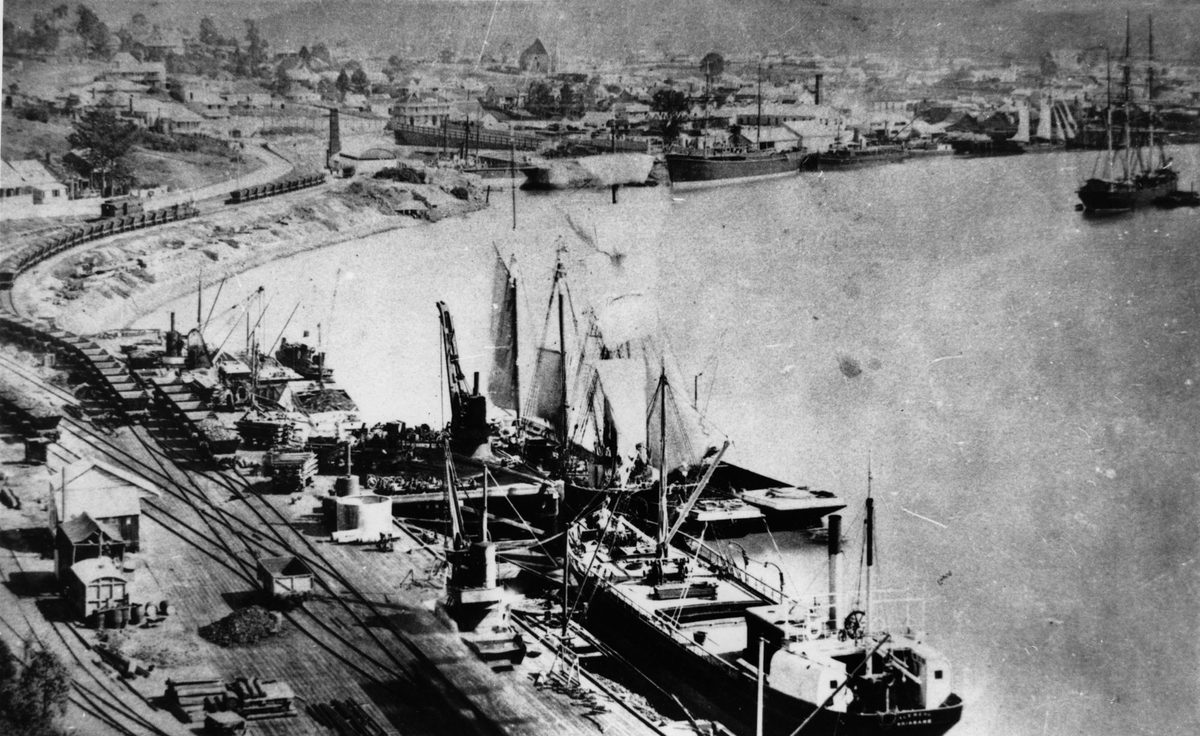 Aerial view of ships docked at the South Brisbane Coal Wharves, 1886