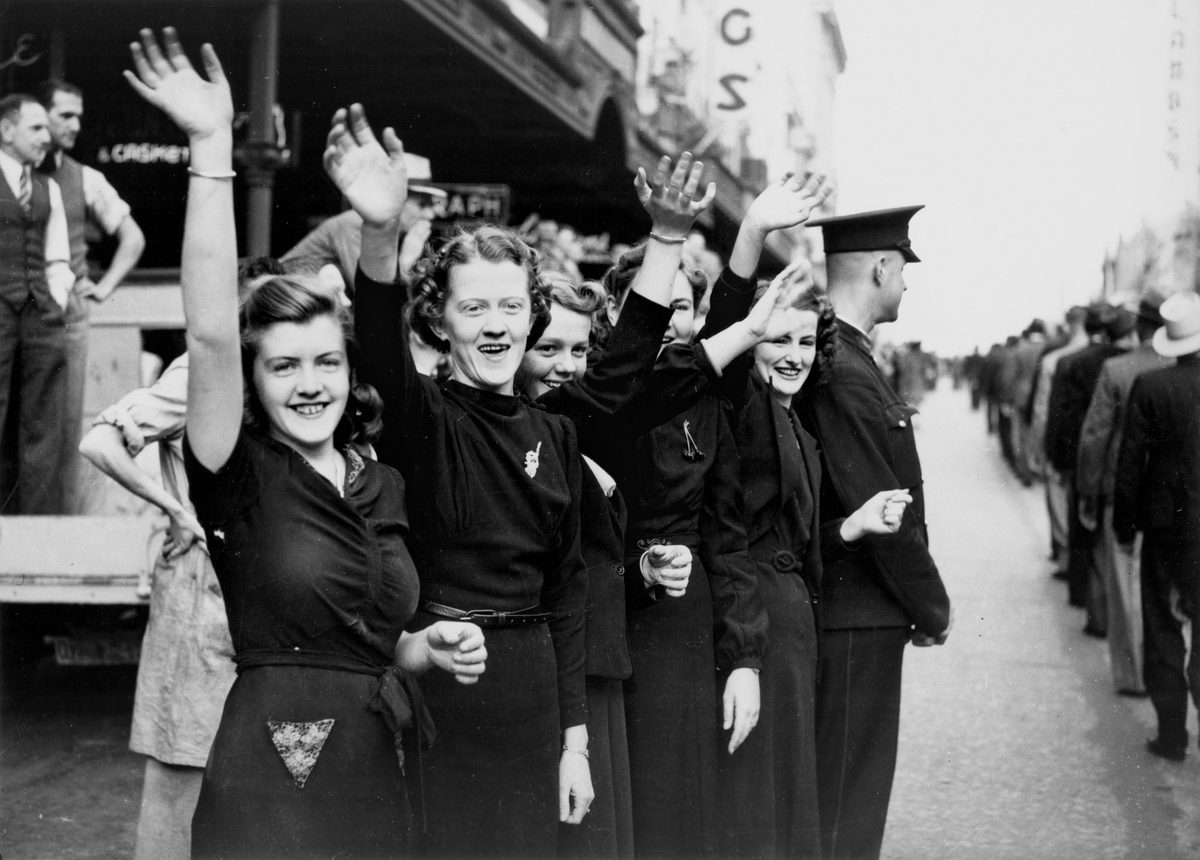 Group of shop assistants watching the RAAF parade in Queen Street Brisbane, August 1940, Brisbane City