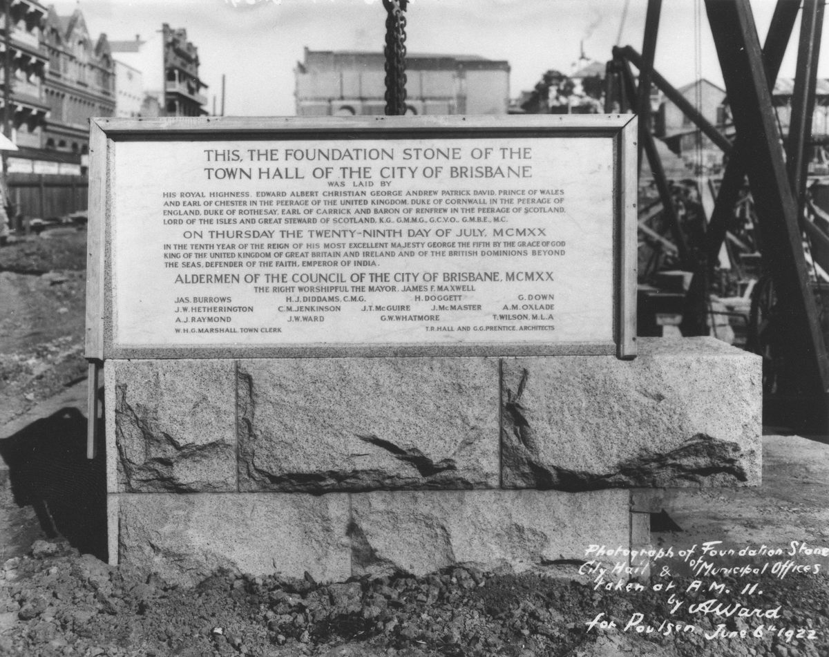 Foundation stone of the Brisbane City Hall, Brisbane, 1922
