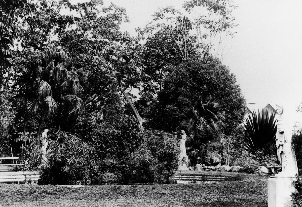 Statues and fountain in the Acclimatisation Gardens at Bowen Park, Brisbane, 1907, Bowen Hills