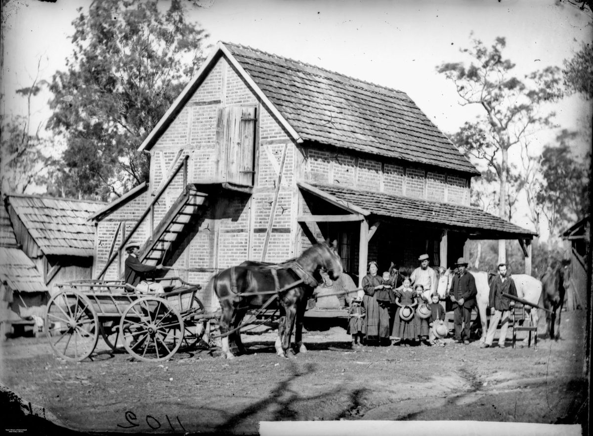 German immigrant family on their farm, probably in the Bethania area, Logan district, 1872