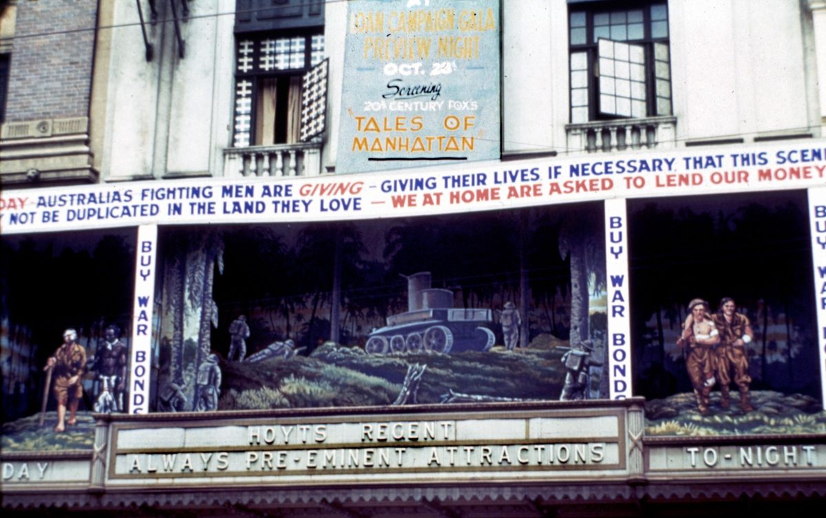 Display for war bonds on top of the Hoyts Regent Theatre in Brisbane, 1942
