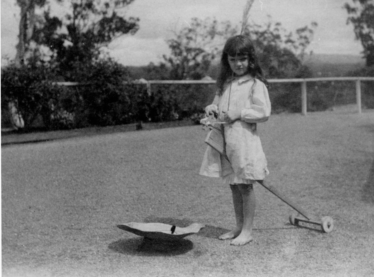 Wanda Stuart on her hobby horse at 'Warwillah', Indooroopilly, Brisbane, 1901