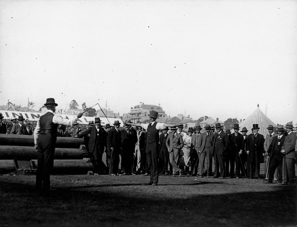 Edward, Prince of Wales watching a whip-cracking demonstration at the Brisbane show, July 1920, Bowen Hills