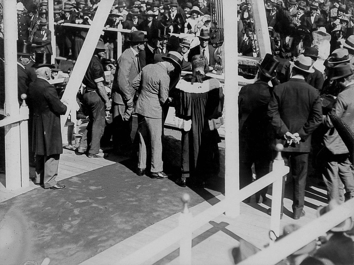 Close-up of His Royal Highness Edward, Prince of Wales, laying the foundation stone for the new Town Hall, Brisbane, July 1920, Brisbane City