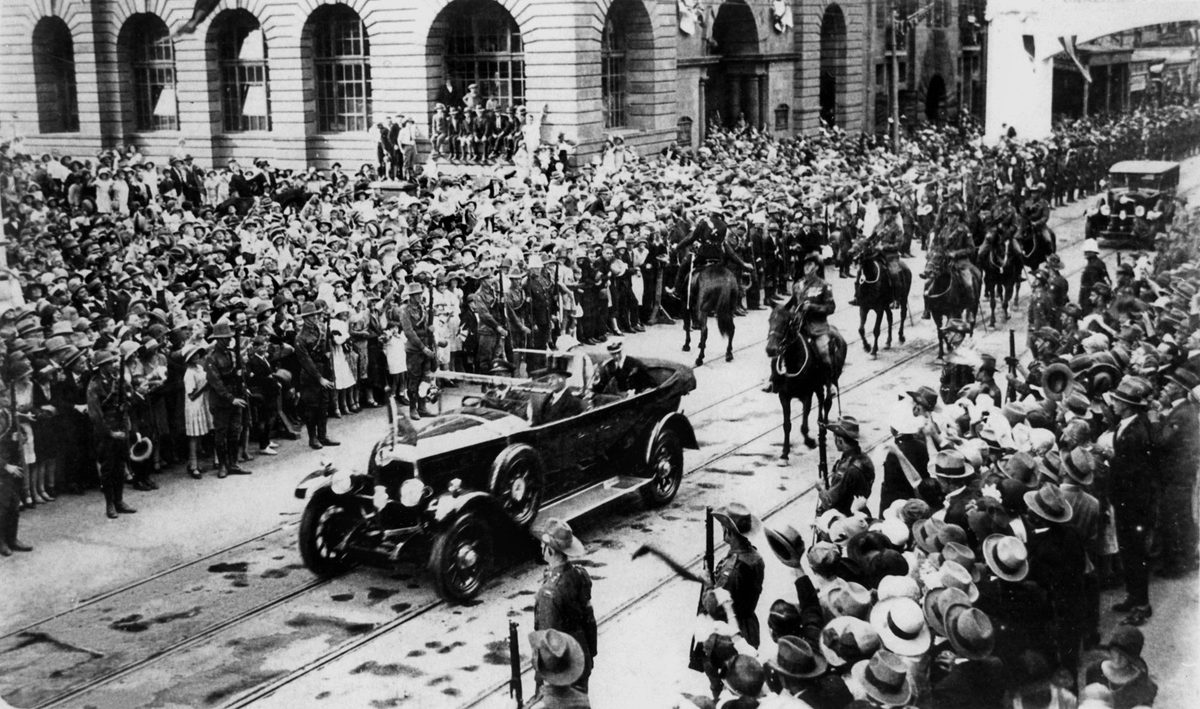 Royal visitors travel down Queen Street, Brisbane in April, 1927, Brisbane City