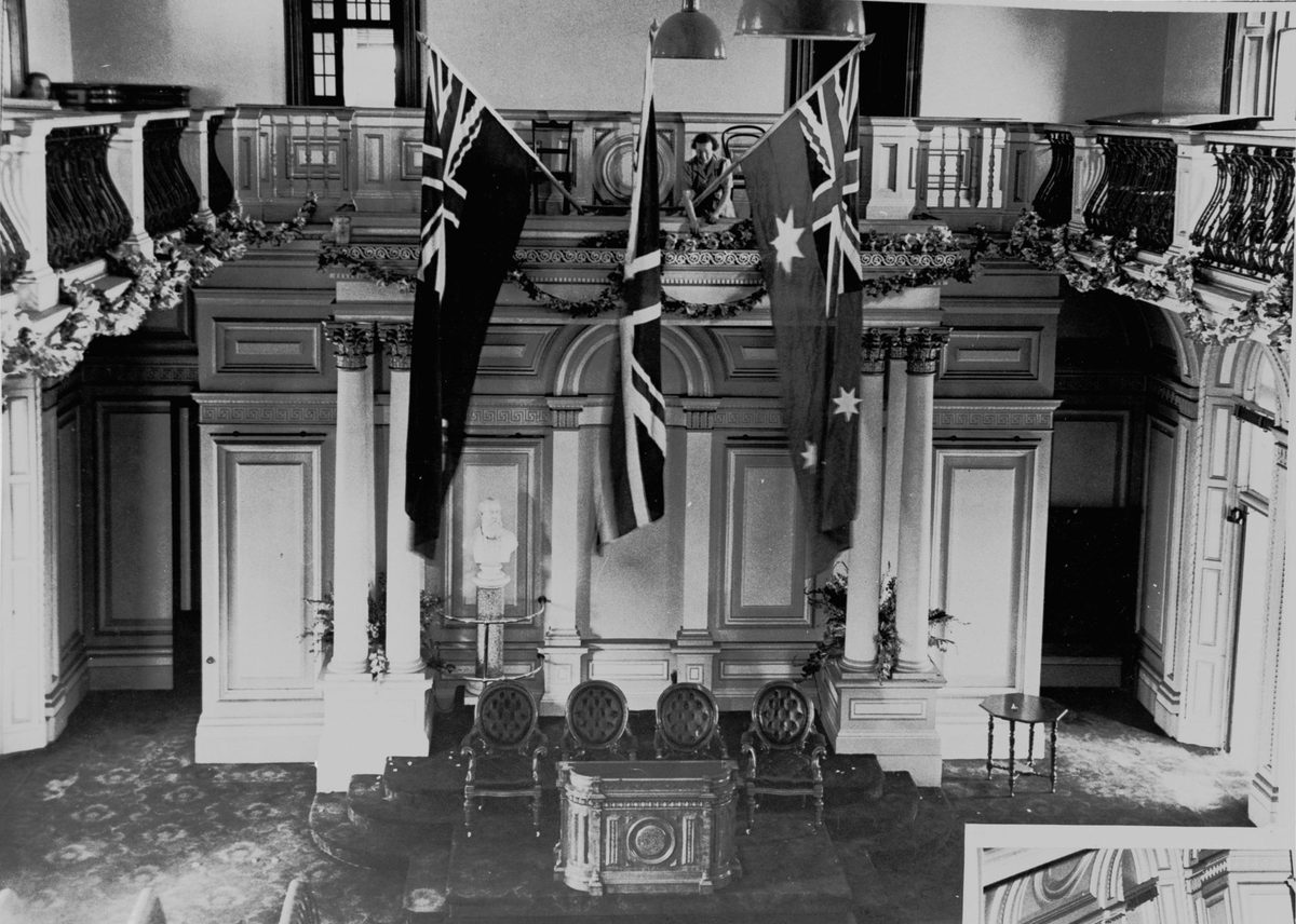 Decorating the Legislative Council Chamber in preparation for governor's swearing in, Parliament House, Brisbane, 1946, Brisbane City