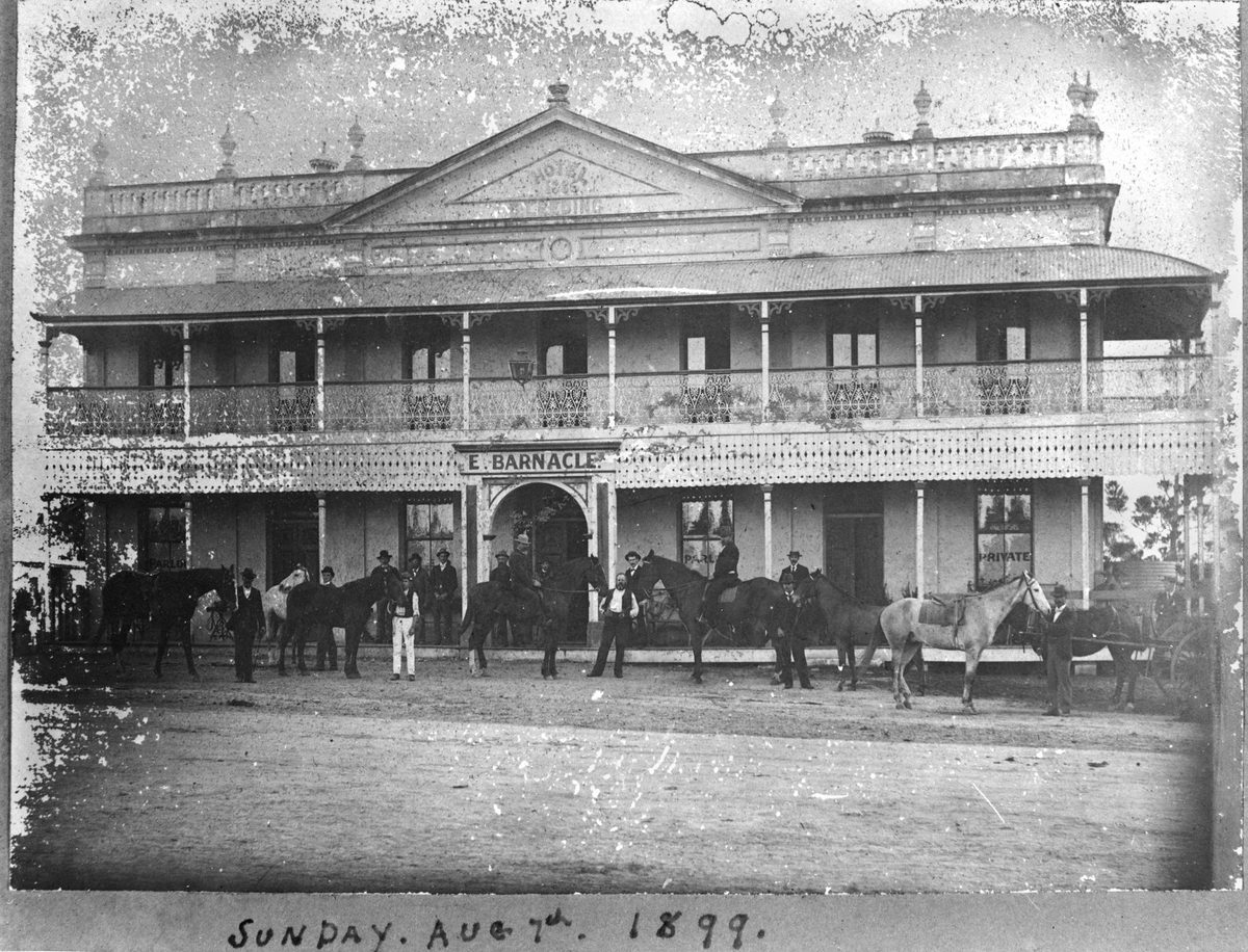Horses and riders oustide the Crown Hotel, Rocklea, 1899