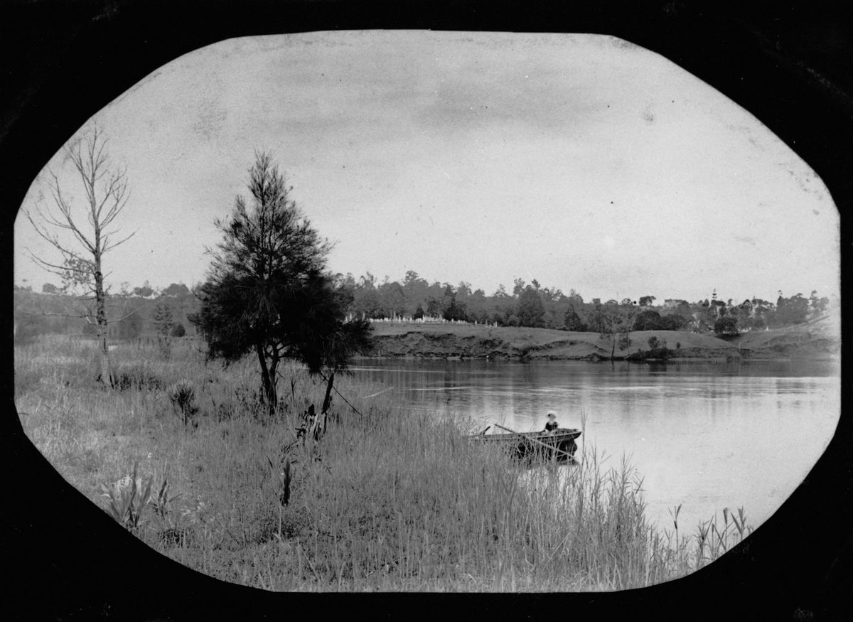 Rowing boat on the Brisbane River at St. Lucia, 1885
