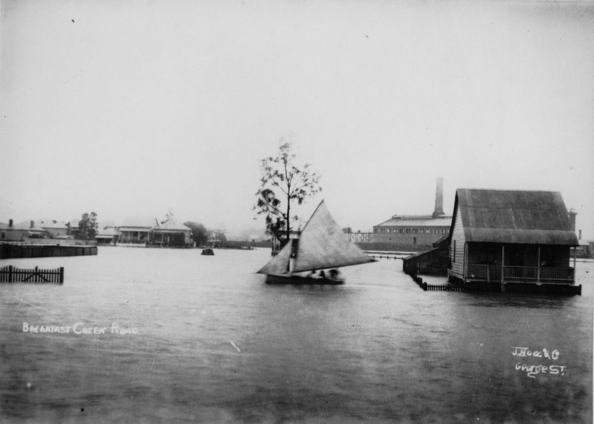 Sailing along Breakfast Creek Road at Newstead during the 1893 Brisbane floods