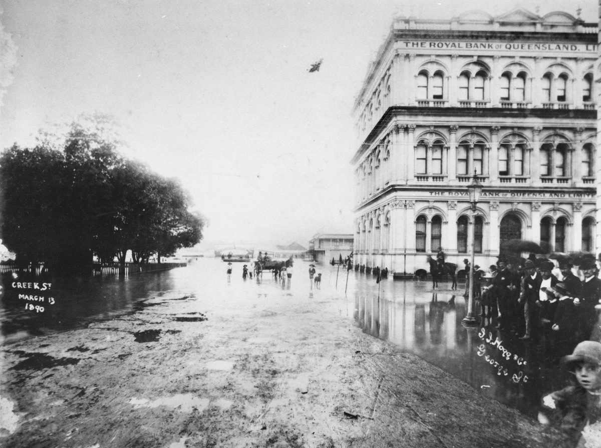 Royal Bank of Queensland on the corner of Creek and Elizabeth Streets Brisbane during the 1890 flood, Brisbane City