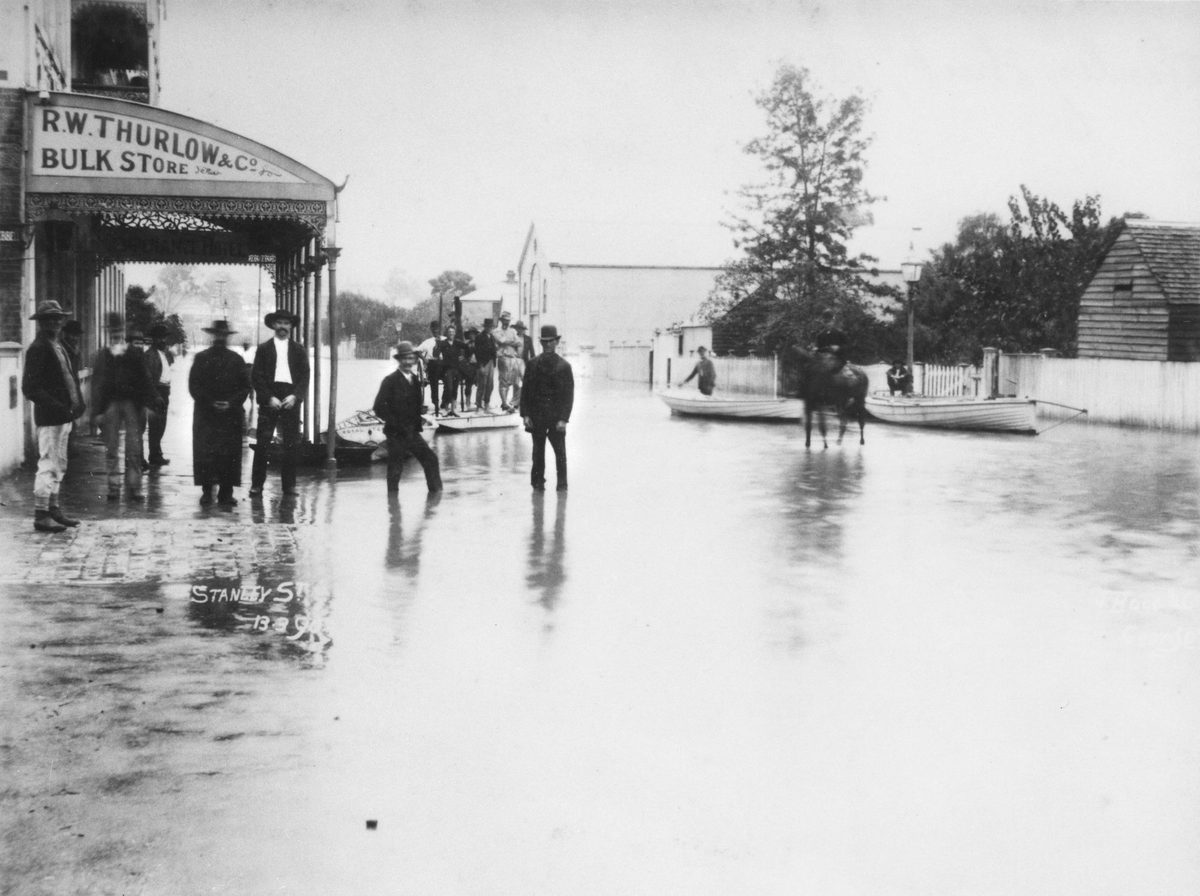 Stanley Street Brisbane during the 1890 flood near the bulk store building of R. W. Thurlow & Co