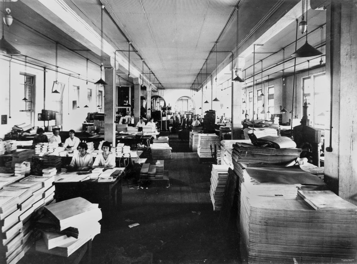 Binding area at the Government Printing Office, Brisbane, 1921, Brisbane City