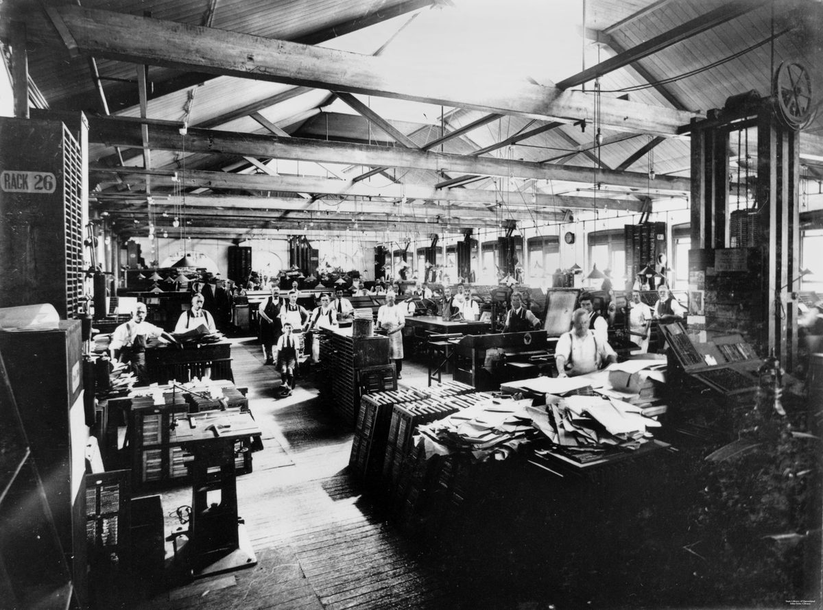 Composing department at the Government Printing Office, Brisbane, 1921, Brisbane City