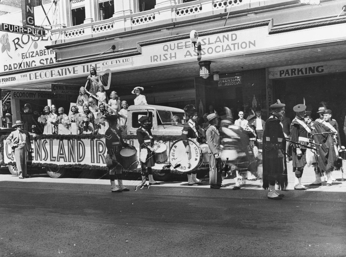 St. Patrick's Day float in front of the Queensland Irish Association building in Brisbane, 1938