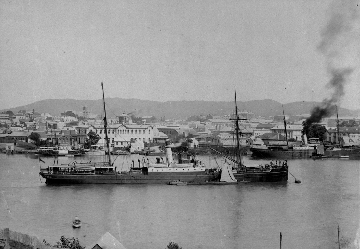 Ship moored in the Town Reach of the Brisbane River, 1897