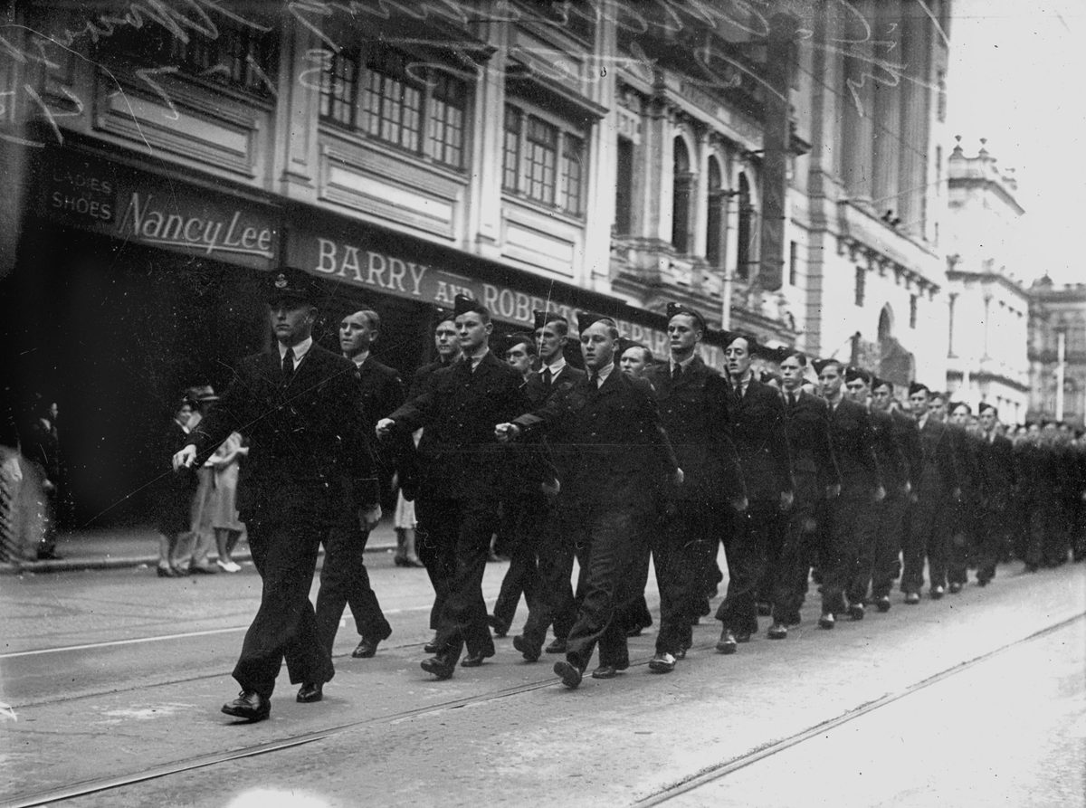 Air Transport Command formation marching through the city streets, Brisbane, July 1943