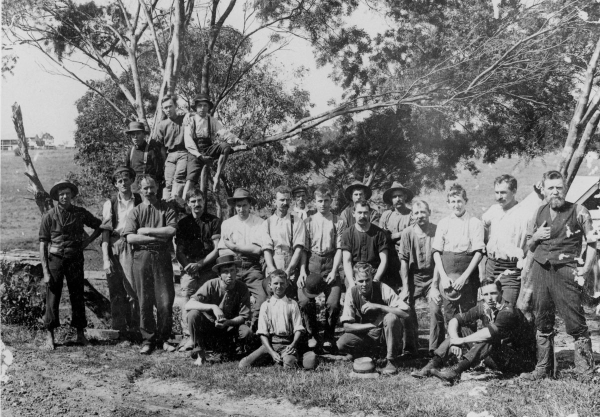 Group portrait of employees of Baynes Brothers Woolscourers, Brisbane, 1912, Belmont
