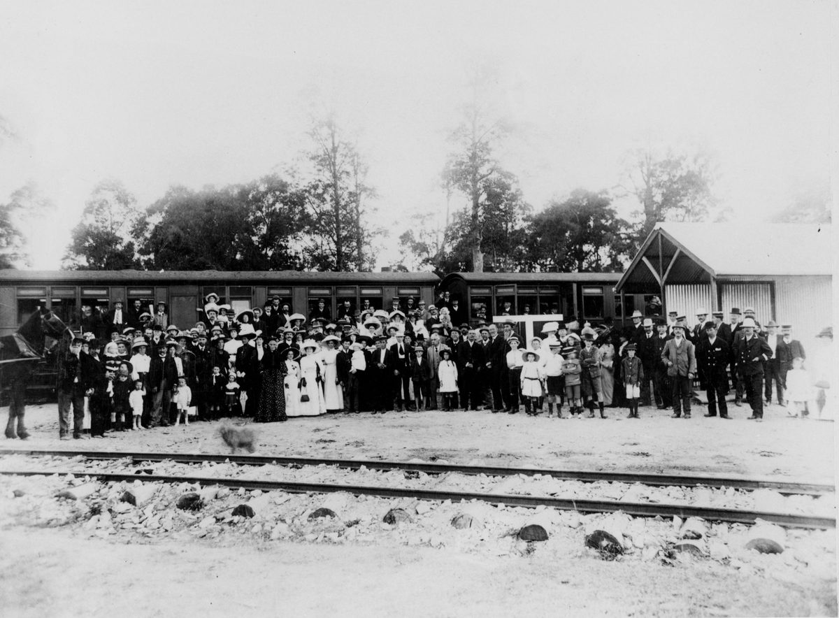 Crowd gathered for the opening of the Belmont Tramway Station, Brisbane, 1912