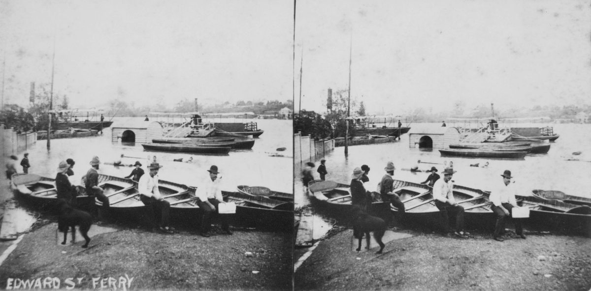 Passengers waiting for the Edward Street ferry, Brisbane, 1890, Brisbane City