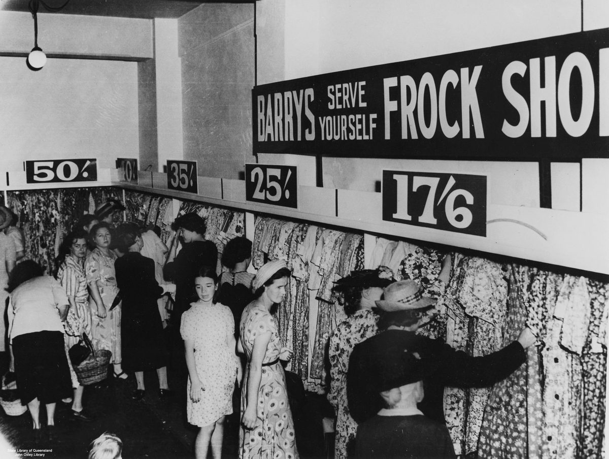 Crowd at the opening of Barry and Roberts' 'Serve Yourself Frock Shop' at their Brisbane store in November, 1949, Brisbane City