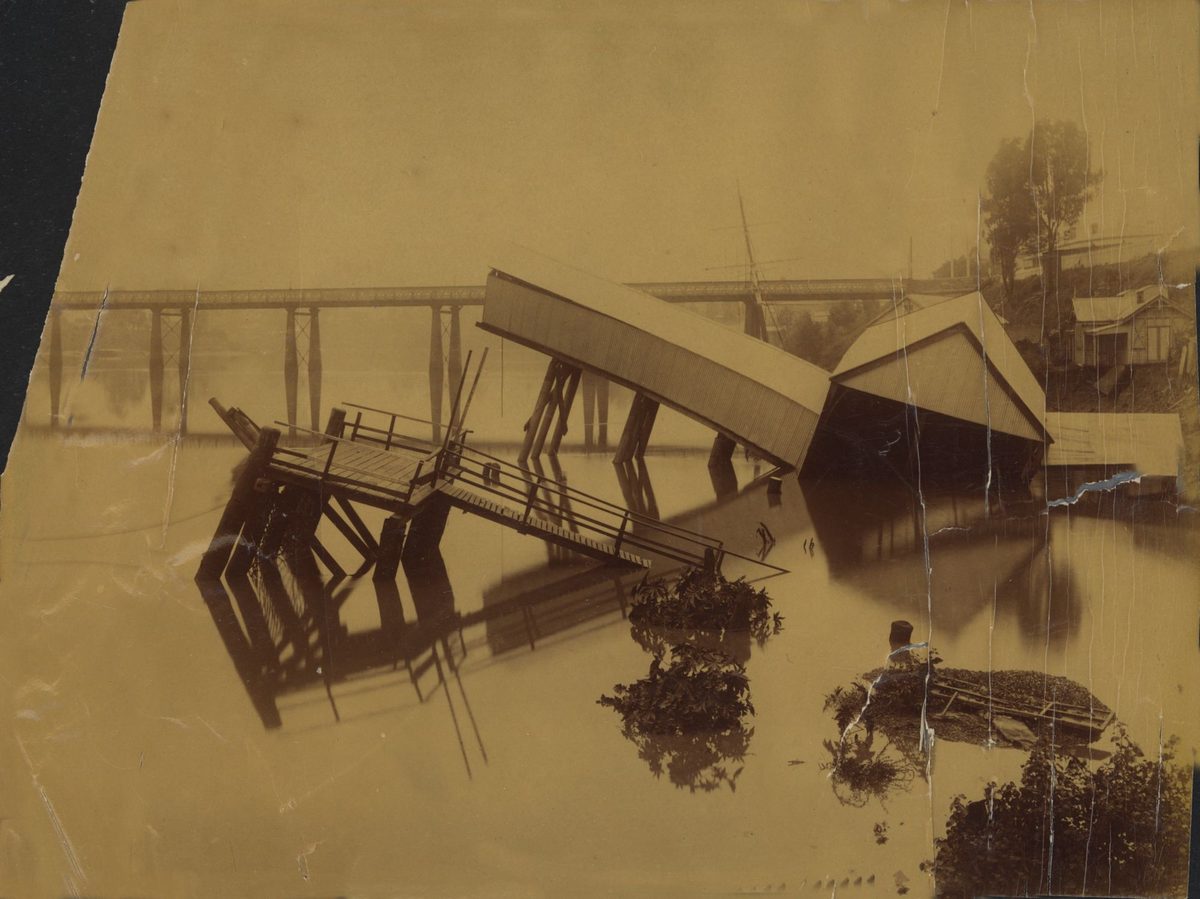 1893 flood damage to jetties and boat houses near the Victoria Bridge, Brisbane City