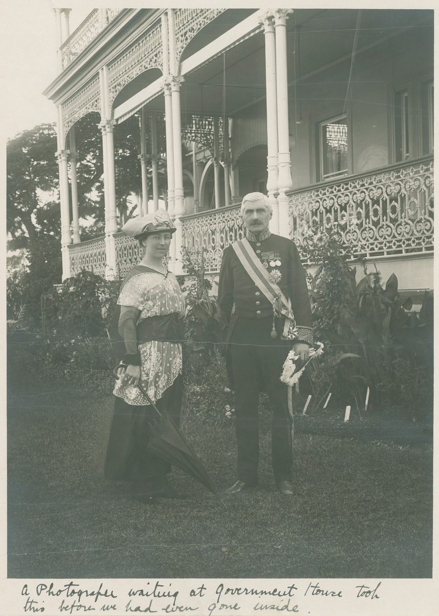 Sir Hamilton and Lady Elsie Goold-Adams outside Government House in Brisbane, 1915, Paddington
