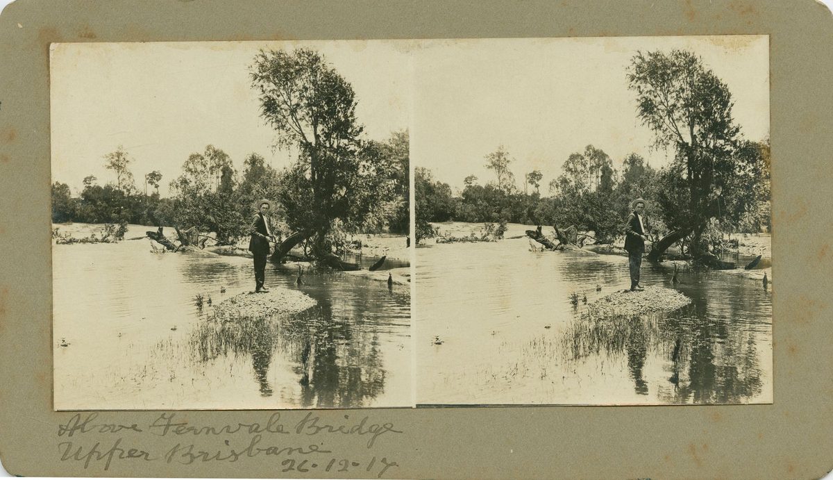 Unidentified man on a small island in the Upper Brisbane River, 1912, Fernvale