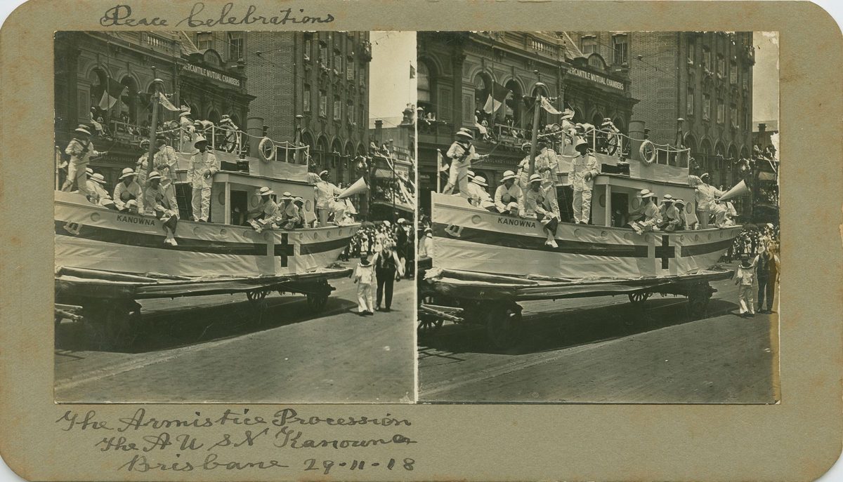 Float mock up of the hospital ship Kanowna, a float in the Armistice Parade, Brisbane, 1918