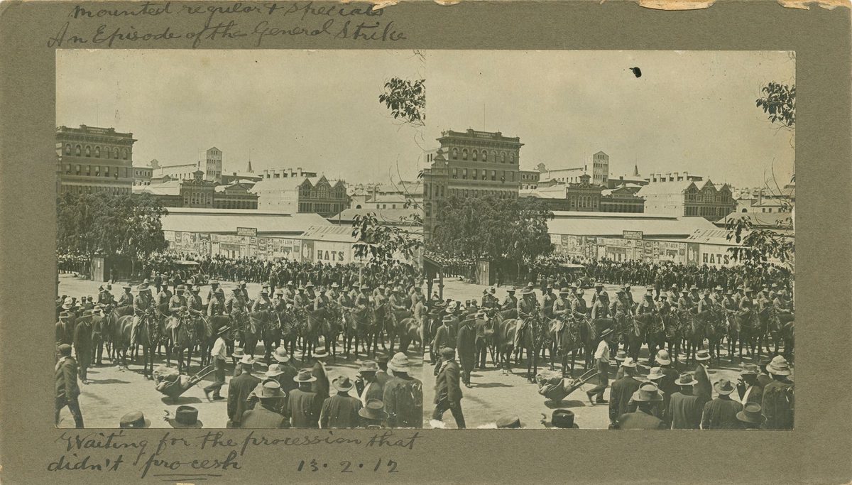 Mounted police assembled in the square during the General Strike, Brisbane, 1912