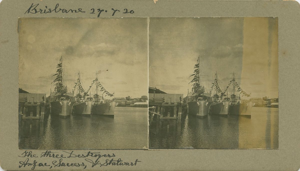 Three destroyers moored in the Brisbane River, 1920