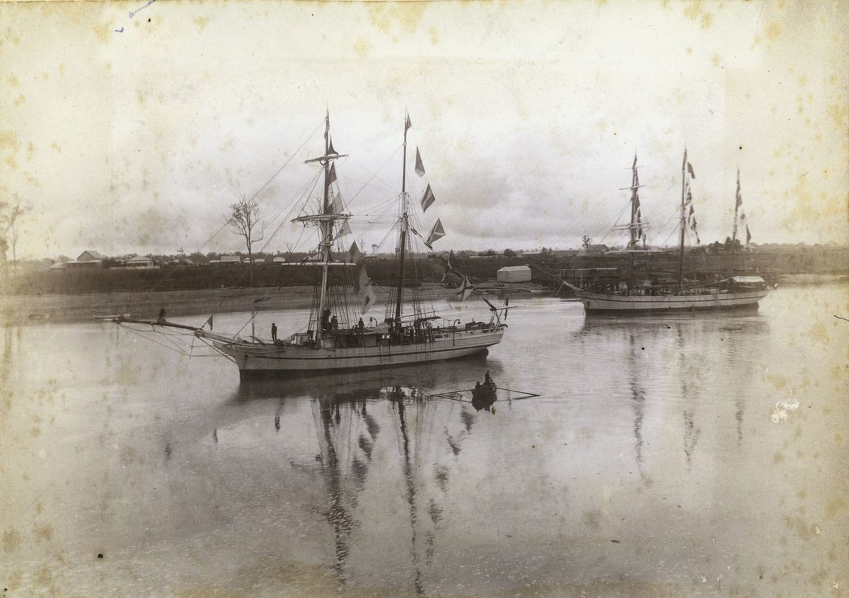 Schooner on the river with sails down and signal flags flying, Brisbane River (1901)