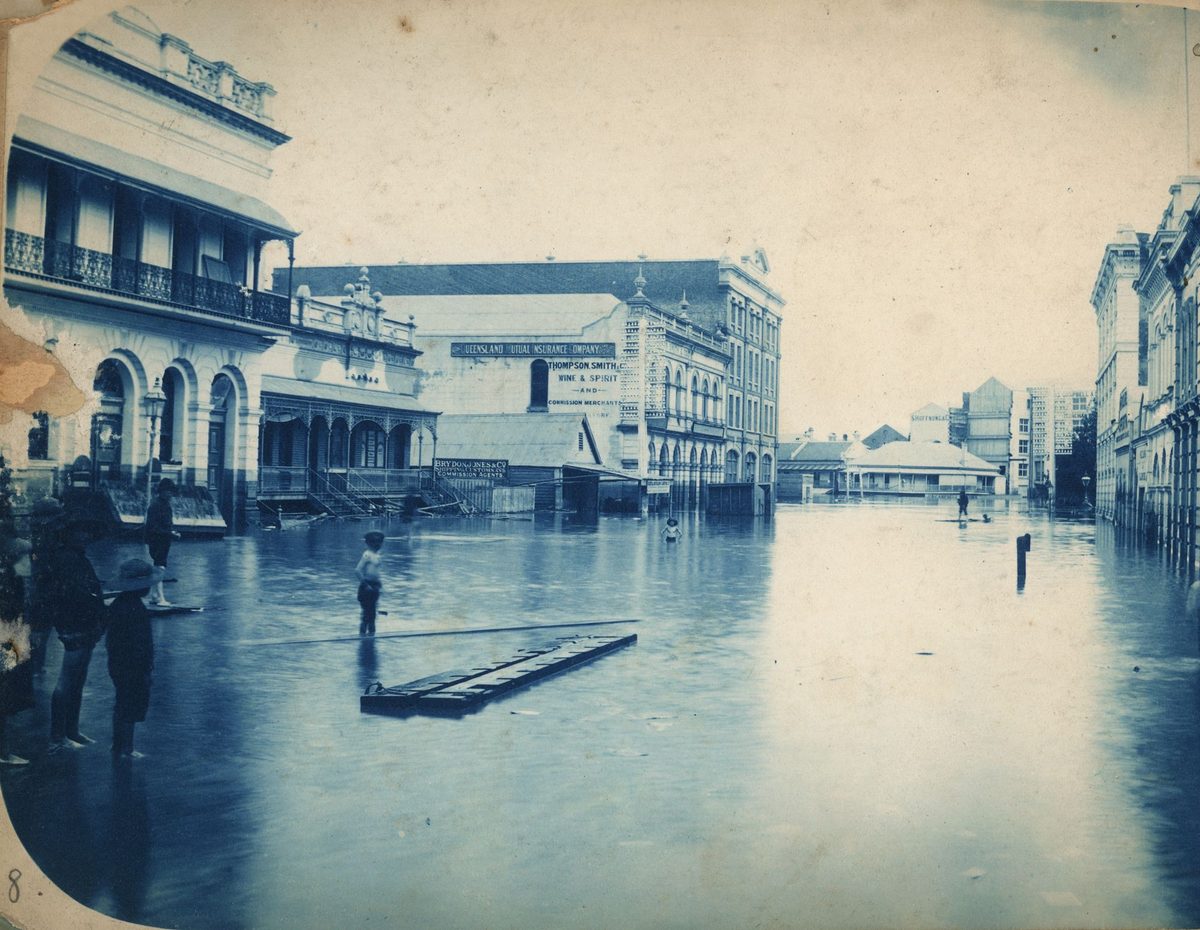Children standing in floodwaters in Eagle Street, Brisbane, 1893, Brisbane City
