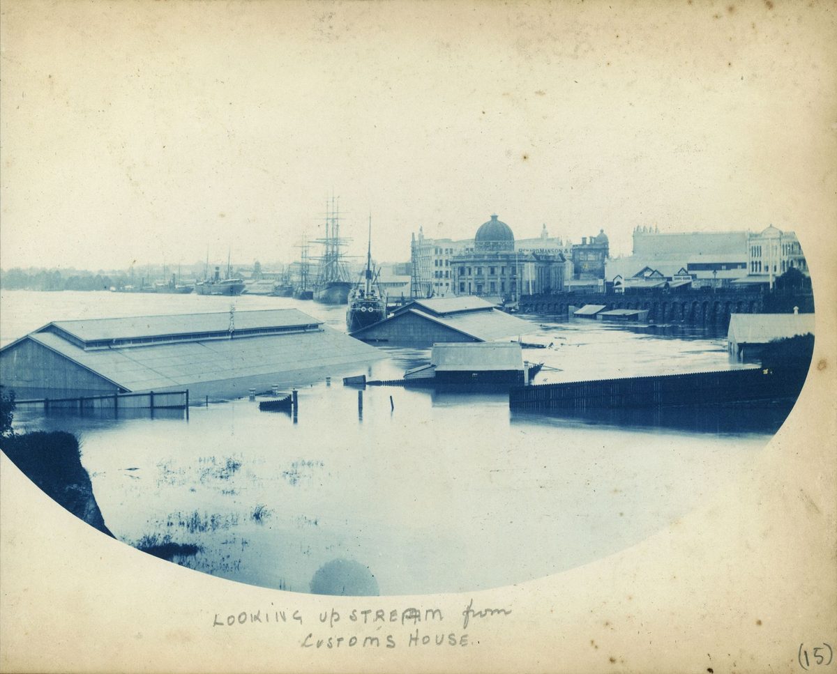 Looking upstream from the Customs House, showing the flooded Brisbane River, Brisbane, 1893, Brisbane City