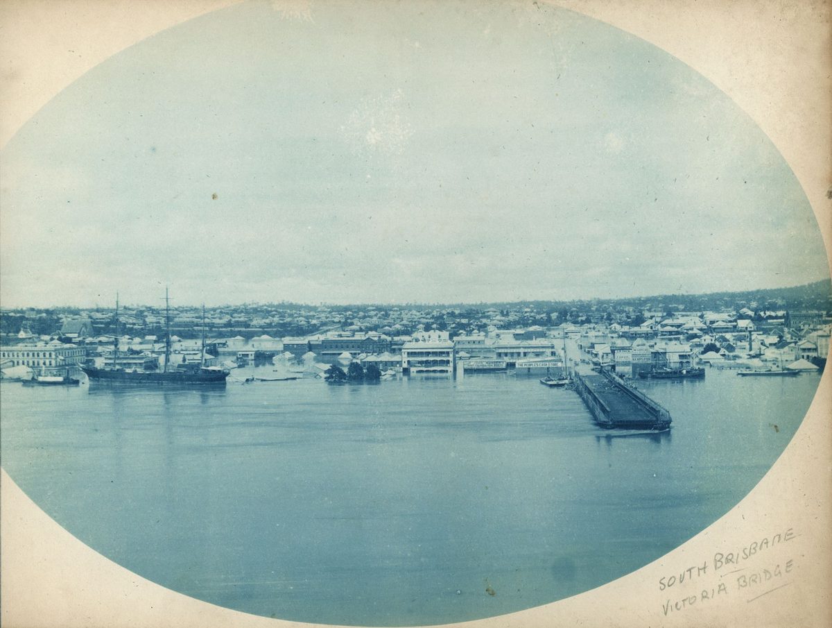 South Brisbane and all that remains of the Victoria Bridge during the floods, Brisbane, 1893