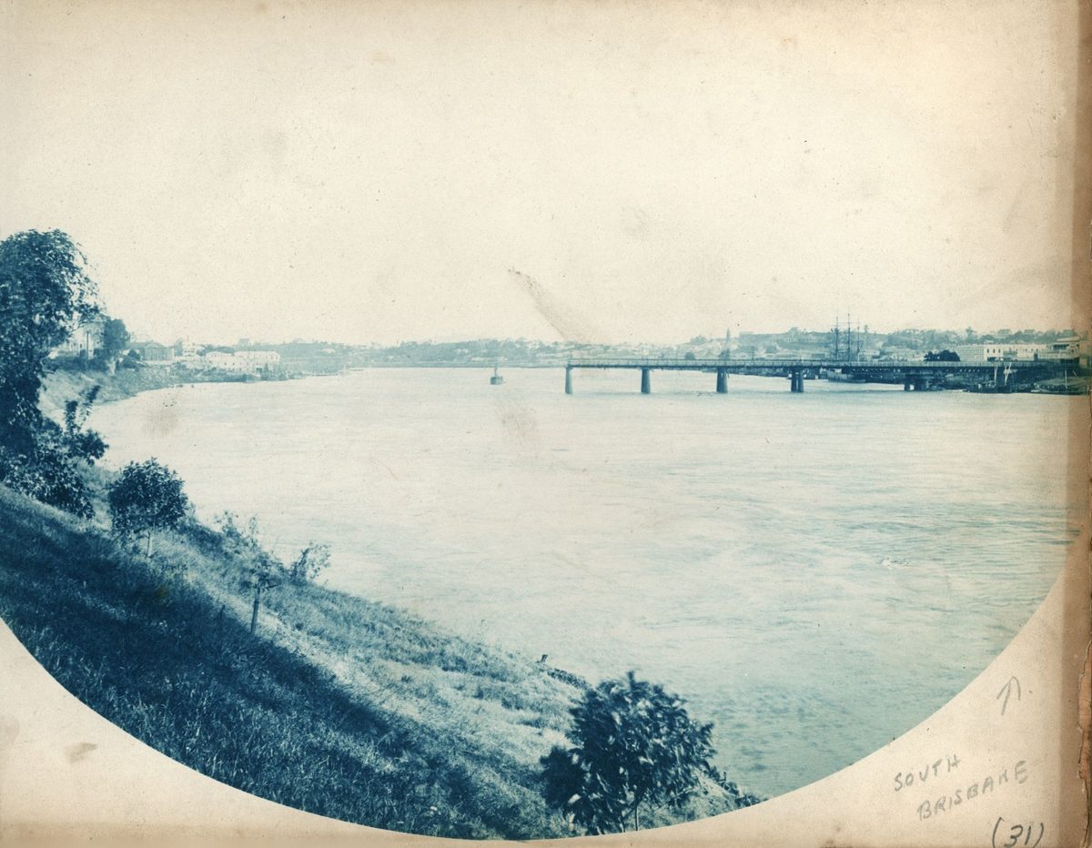 All that remains of the Victoria Bridge after floodwaters washed away the city end, Brisbane, 1893, Brisbane City