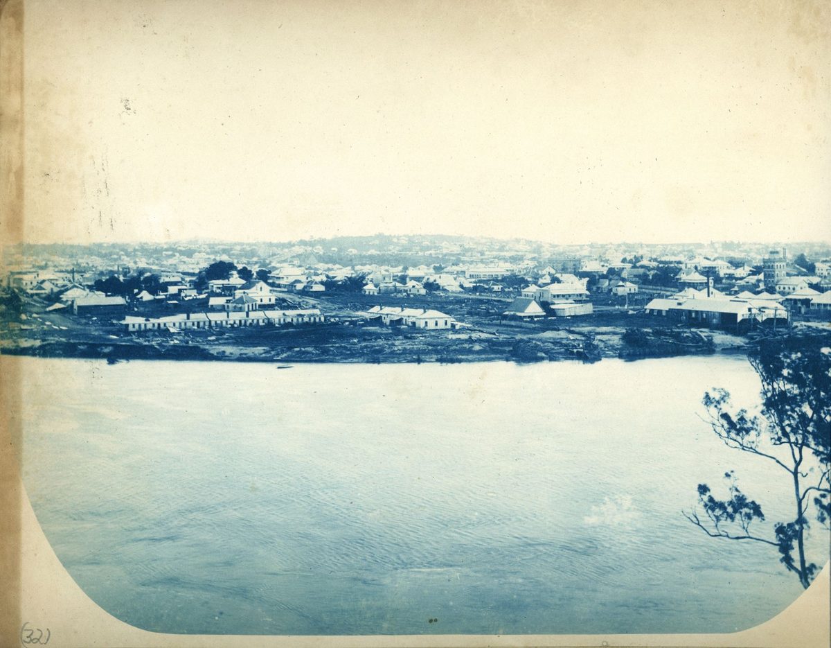 Looking across the flooded Brisbane River towards West End, Brisbane, 1893