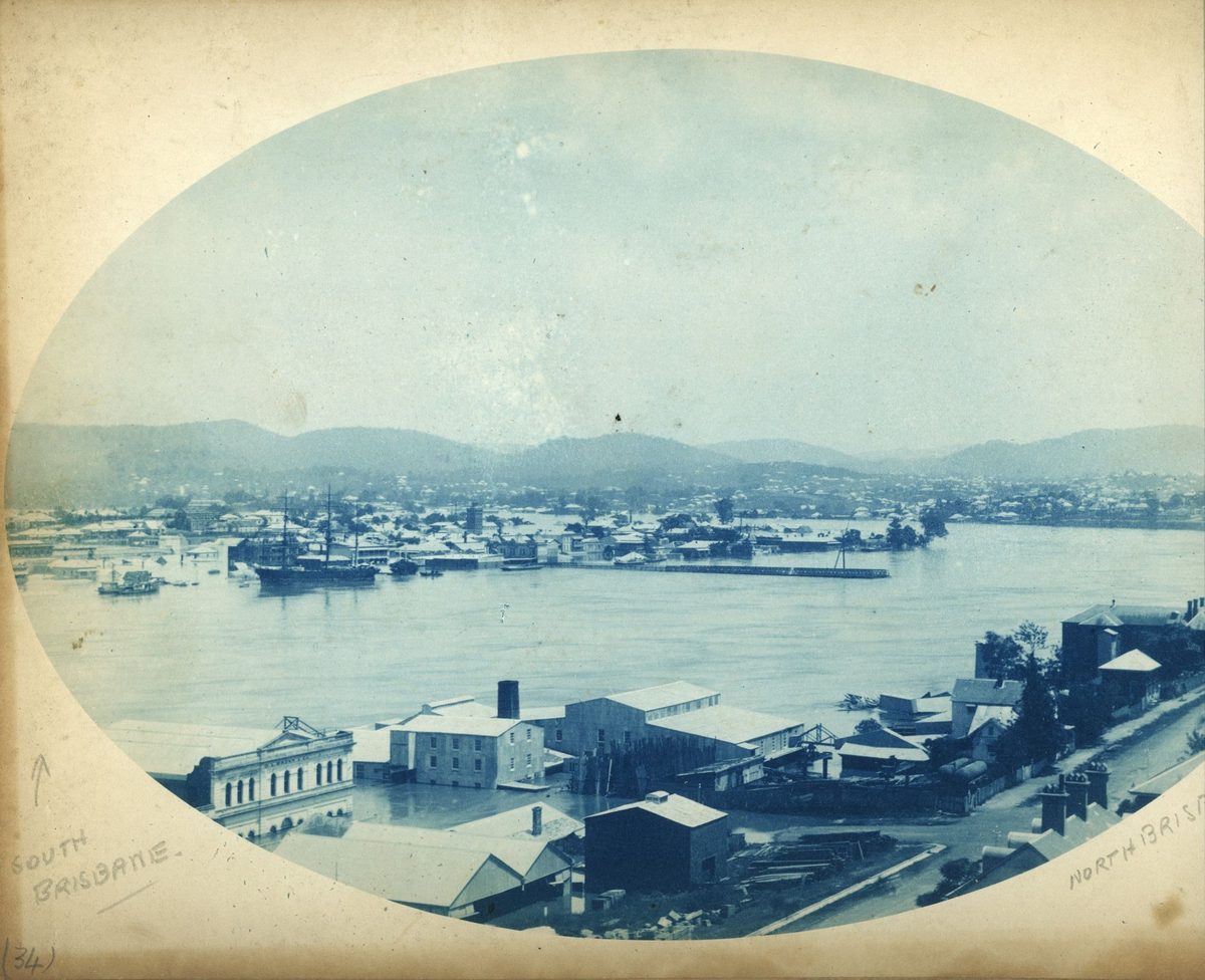 Elevated view of the flooded river and West End, Brisbane, 1893