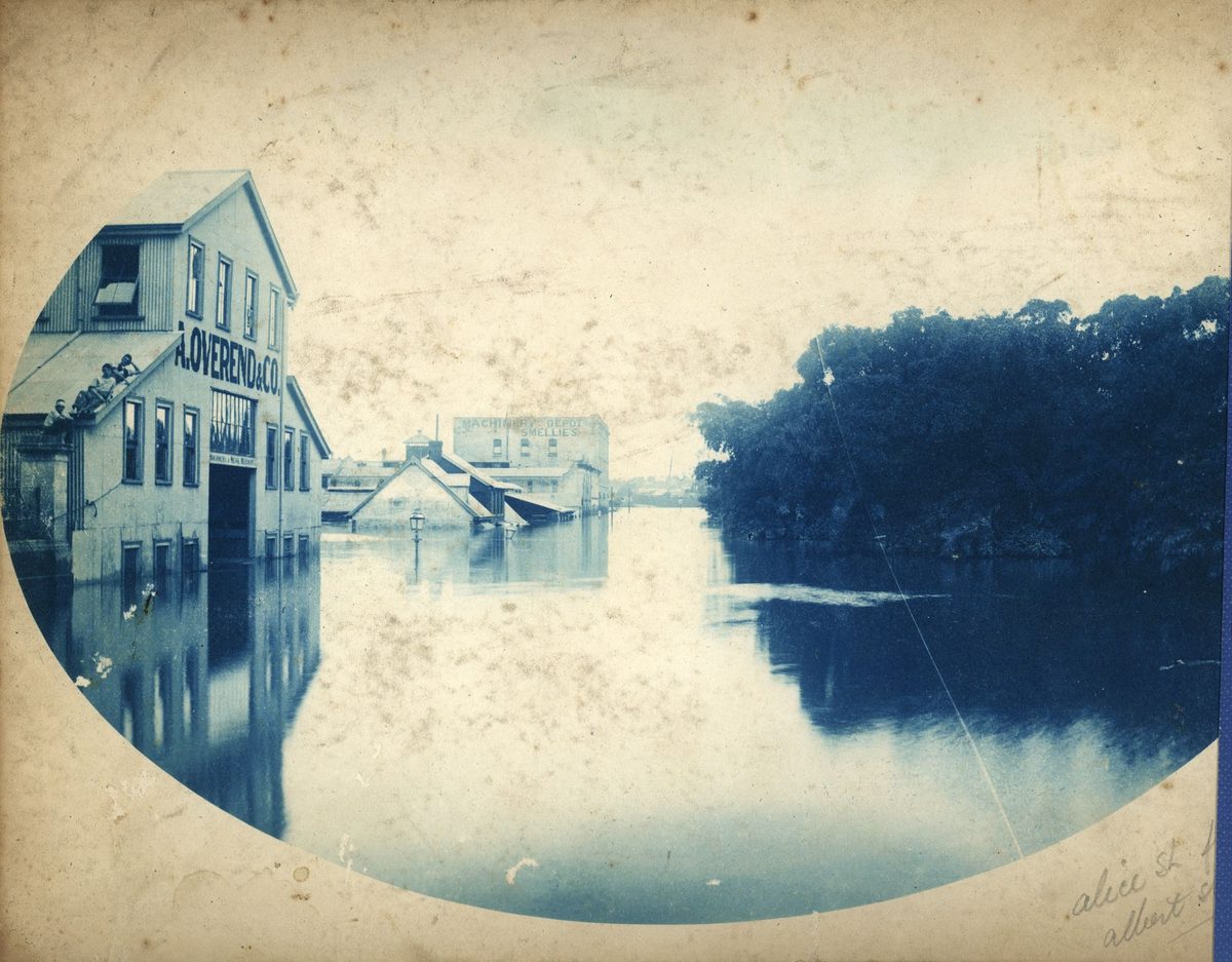 Floodwaters rise in Alice Street, almost covering the first floor of Overend's building, Brisbane, 1893, Brisbane City