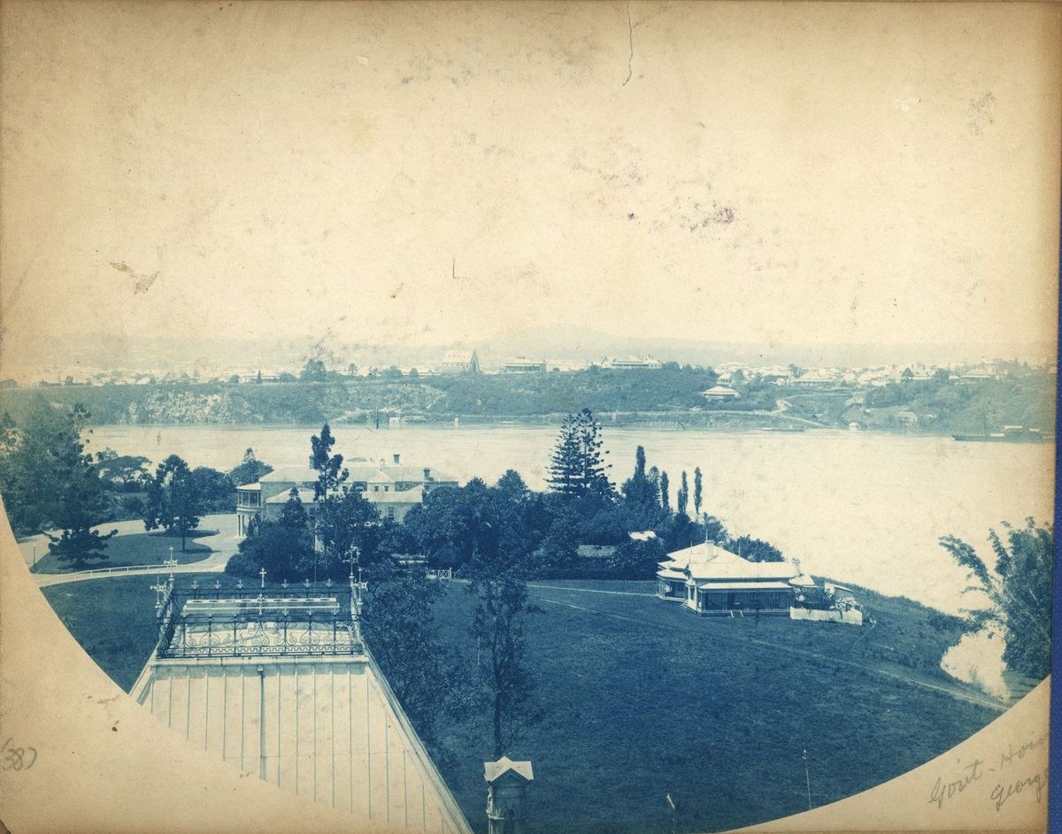 Government House and the flooded Brisbane River, looking towards Kangaroo Point, Brisbane, 1893