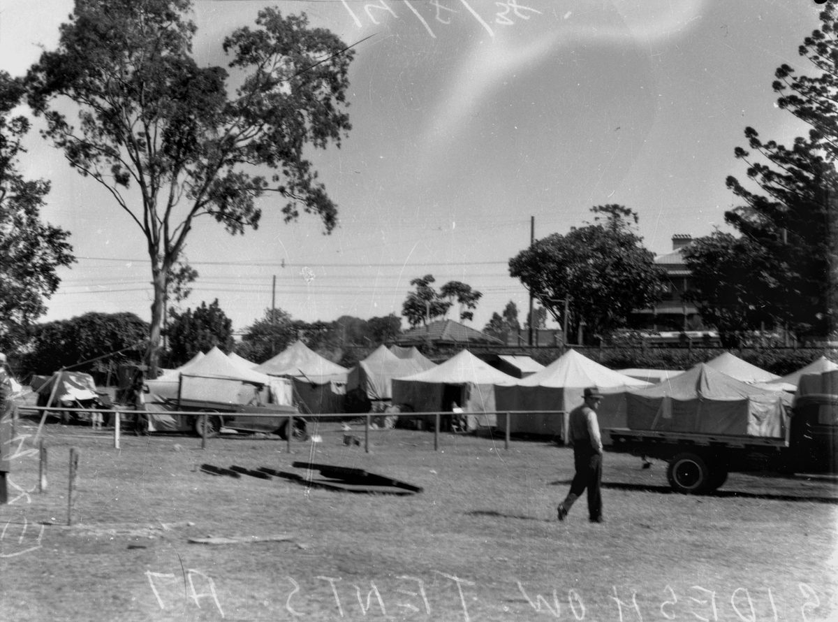 Sideshow tents at the Exhibition, Brisbane, August 1938