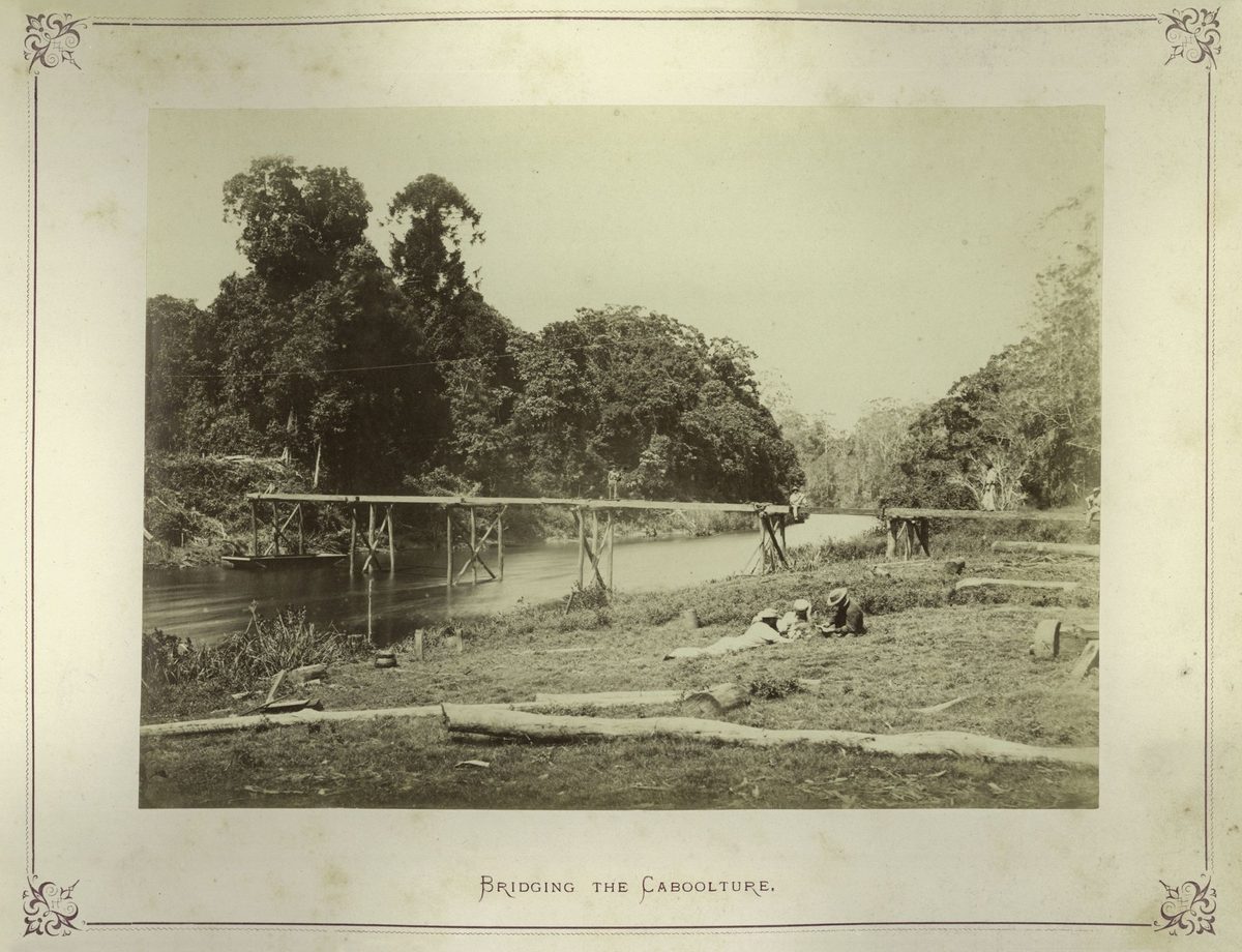 Wooden bridge across the Caboolture River, 1874