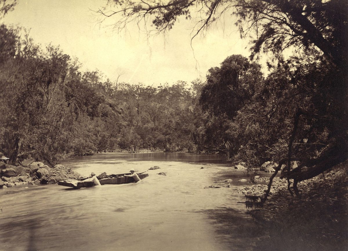 Going down the rapids in the upper reaches of the Brisbane River (1884)