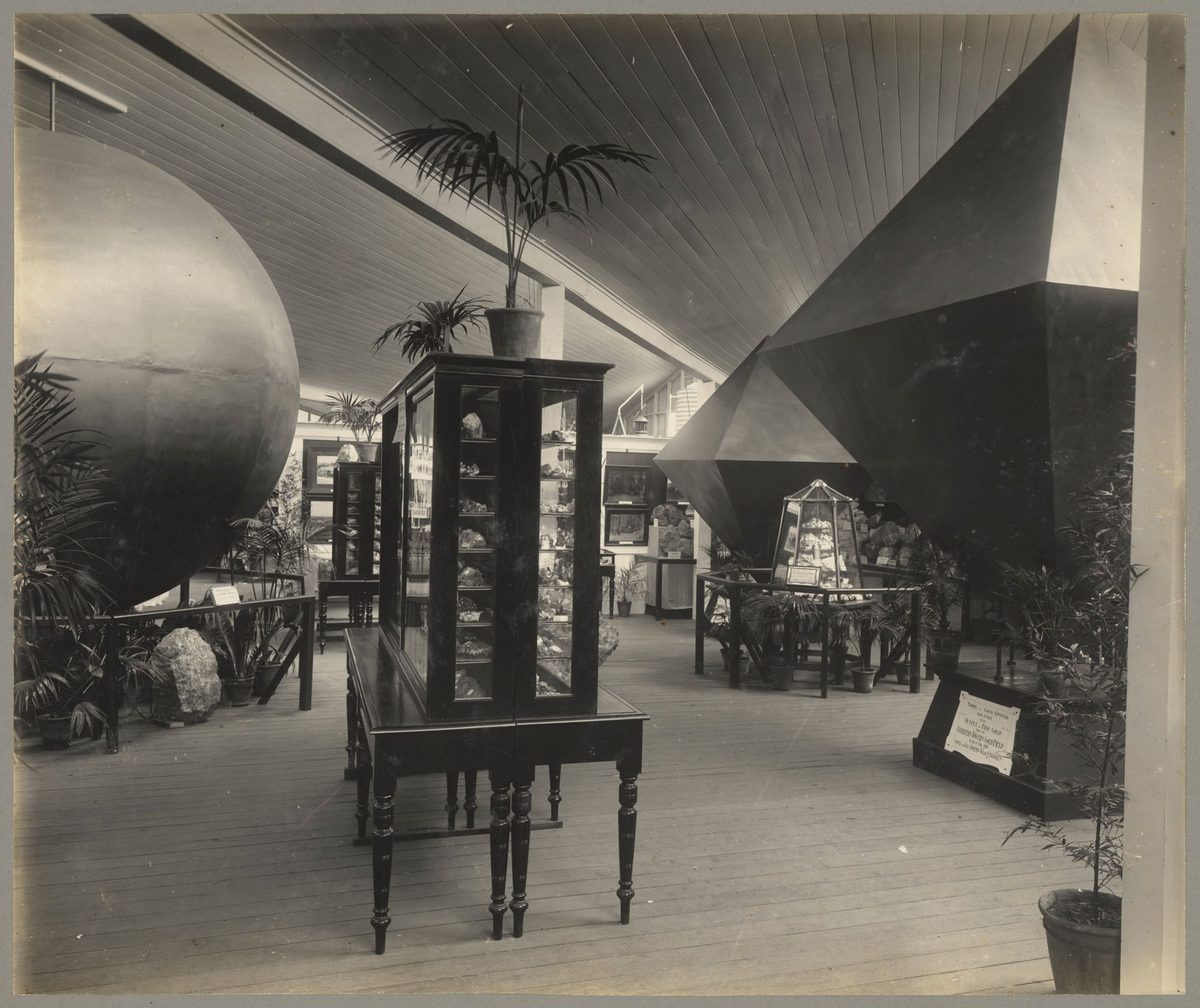 Metallic sphere and oversized models of gold crystals at the Queensland Jubilee Exhibition, 1909, Bowen Hills