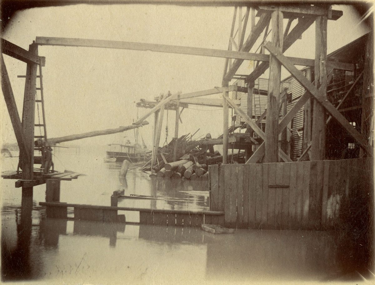 Boats plying in and out of the debris left by the 1893 floods, Brisbane
